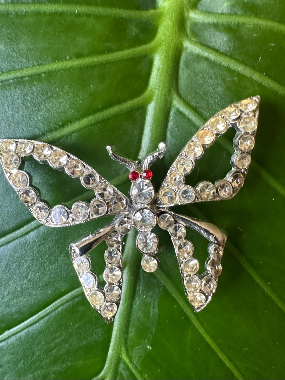Crystal Butterfly Brooch with Red Accents